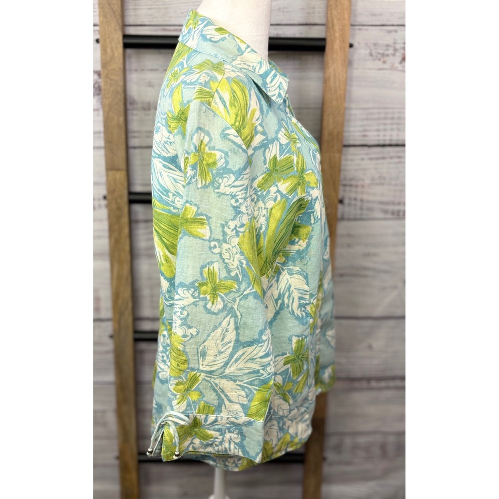 JM Collection 100% Linen Button Down Floral Blue Green 3/4 Sleeve Tie Cuff - Picture 7 of 10